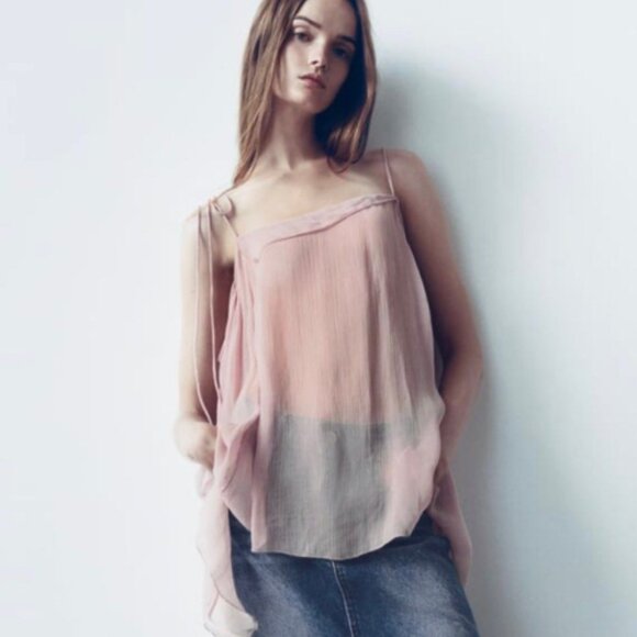 Zara Tops Womens Sheer Blush Pink CNY Chinese New Year‎ Sabrina Off Shoulder M-L - Picture 1 of 11